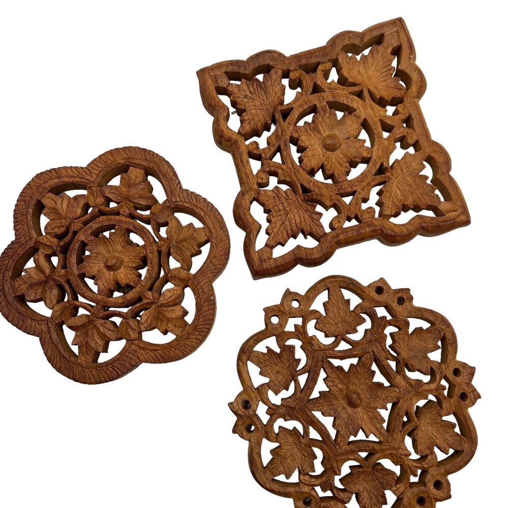 Vintage Carved Wooden Floral Leaves Set Of 3 Trivets Gallery Wall Decor Boho